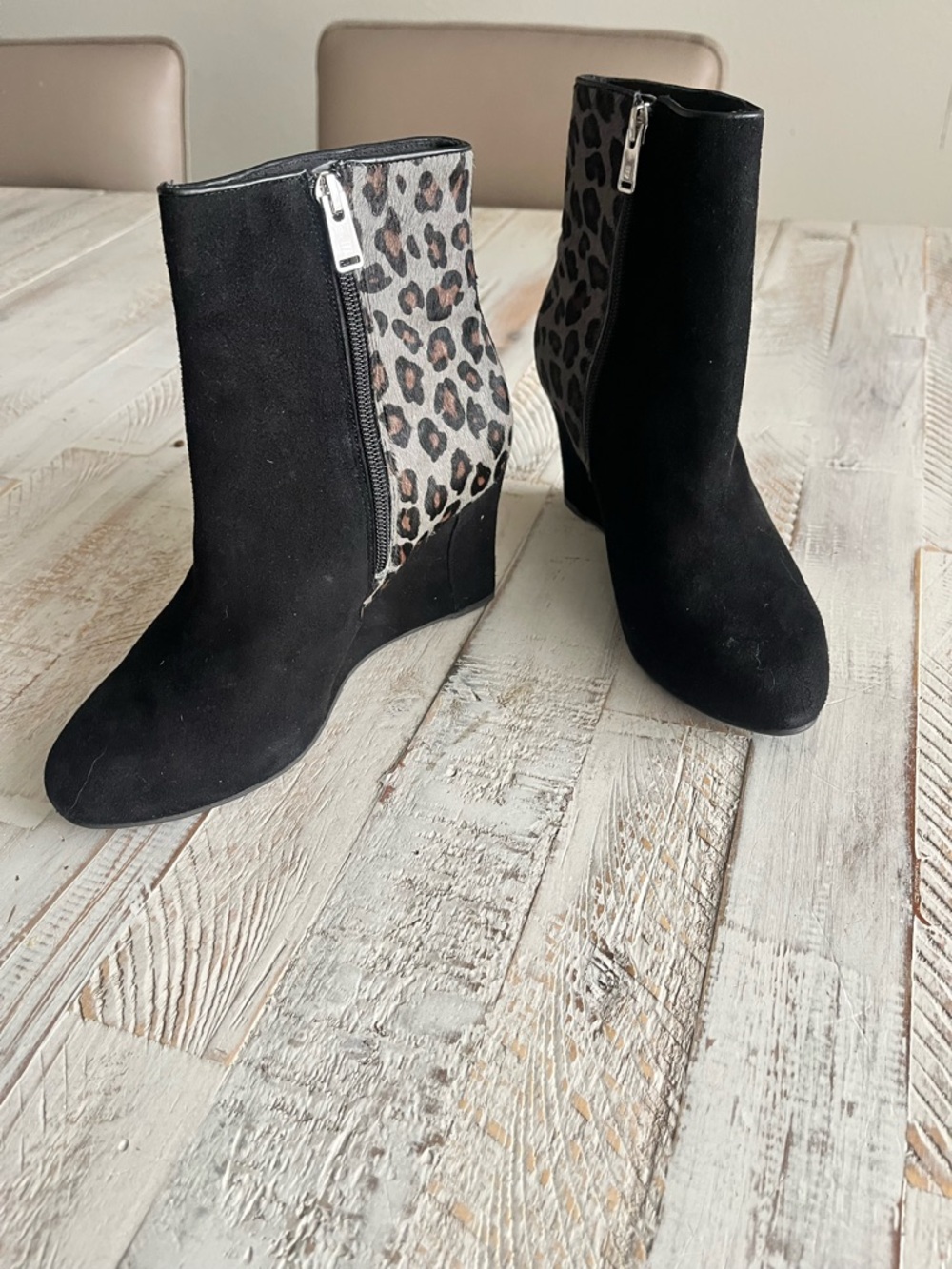 Rockport Black Suede Wedge Ankle Boots with Leopard Accent